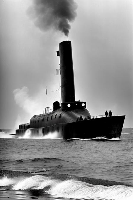 72157-319288121-barnum, steam-powered (vintage submarine_1.1) on water surface, 1890, (seaside, island in background_1.1), smoke, mist.png